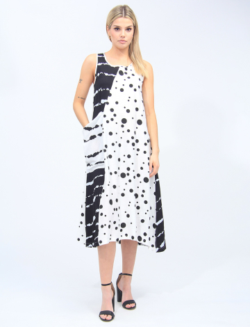 Patchwork Polka Dot and Stripe Dress with a Patch Pocket by Fashion Concepts