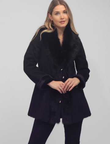 Faux Suede Fur Trim Tie Front Coat by Saki