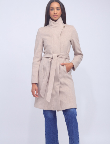 Classy Wool Blend Crossover Collar Belted Coat by Cole Haan