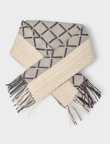 Oblong fringed scarf with a tri-printed patchwork pattern by Di Firenze