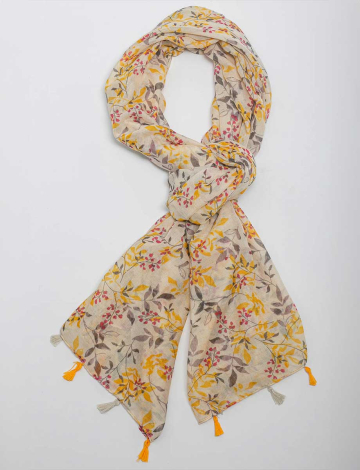 Lightweight Classic Multicolor Floral Flowy Oblong Scarf with Tassels