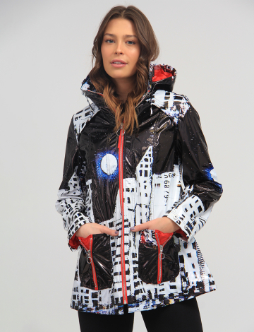 Printed Waterproof & Wind Resistant Rain Jacket with Concealed Hood by U.B.U.