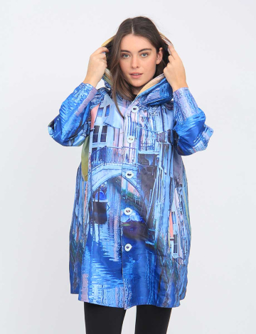 Reversible Abstract & Venice Print Button Front Pleated Hood Raincoat by U.B.U.