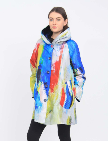 Reversible Print and Solid Blue Pleated Hood Raincoat by U.B.U.