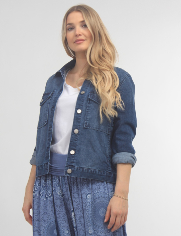 Stretch Mid Wash Denim Jacket with Patch Pockets by Baccini
