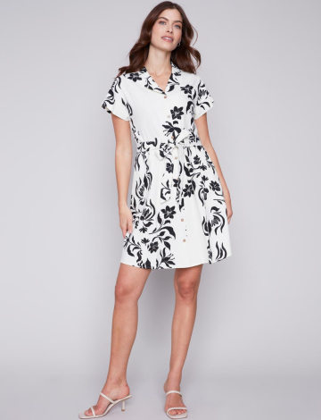 Floral Short Sleeve Button-down Shirt Belted Dress With Pockets By Charlie B