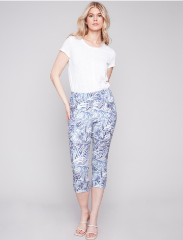 Abstract Blue Leaf Print Stretch Pull-On Capris By Charlie B