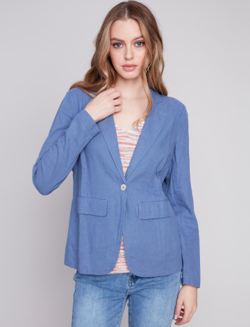 Chic Solid Linen Blend Blazer With Flap Pockets By Charlie B