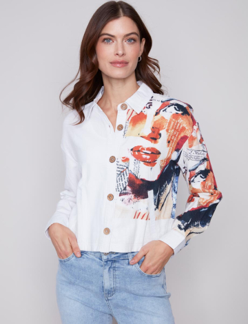 Linen Blend Abstract Face and Text Print Jacket With Welt Pockets By Charlie B