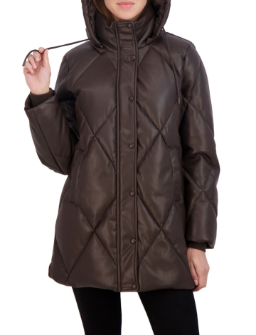 Chic Faux Leather Quilted Hooded Puffer Jacket by Sebby