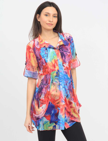 Multicolored Abstract Floral Print 3/4 Sleeve Pleated Button Down Tunic by Lindi