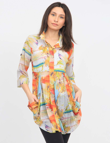 Orange and Yellow Print Three-quarter Sleeve Pleated Button Down Tunic by Lindi