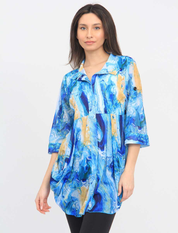Pleated Blue Abstract Print Pleated Button Down Tunic With 3/4 Sleeves by Lindi