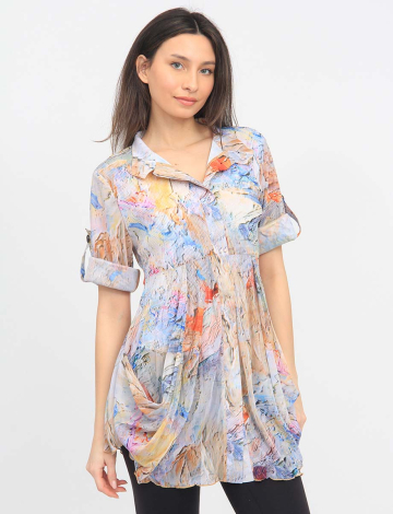 Multicolored Abstract Floral Print 3/4 Sleeve Pleated Button Down Tunic by Lindi
