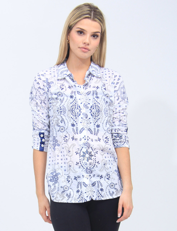 Abstract Floral Print Button-Front Blouse With Gathered Cuffs By Tango Mango