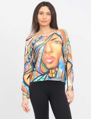 Face Print Long Dolman Sleeve Scoop V-Neck Knit Top by Froccella