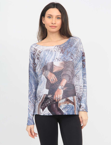 Long Dolman Sleeve Boat Neck Woman Print Knit Top by Froccella