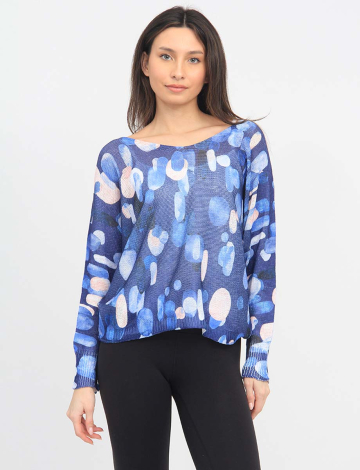Abstract Circular Print Long Dolman Sleeve Scoop V-Neck Knit Top by Froccella