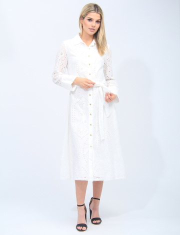 White Three-quarter Sleeve Eyelet Cotton Belted Button-down Shirt Dress by Adore