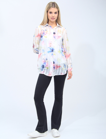 Sheer Floral and Butterfly Print Button-Front Lace Back Shirt by Adore