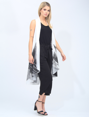 Black And White Sleeveless Abstract Printed Long Drape Front Vest by Adore