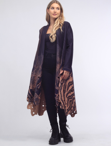 Faux Suede Draped Open Front Long Coat By Adore