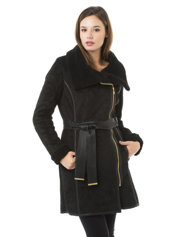 Belted asymmetrical faux shearling coat by Badgley Mischka