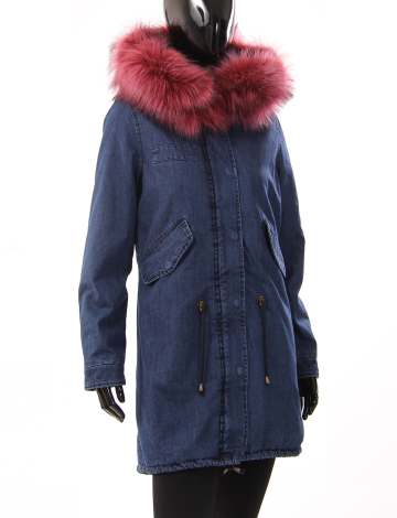 Striking denim anorak with faux fur lining and collar