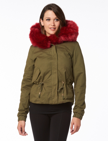 Super cute cotton anorak with striking faux fur lining and collar