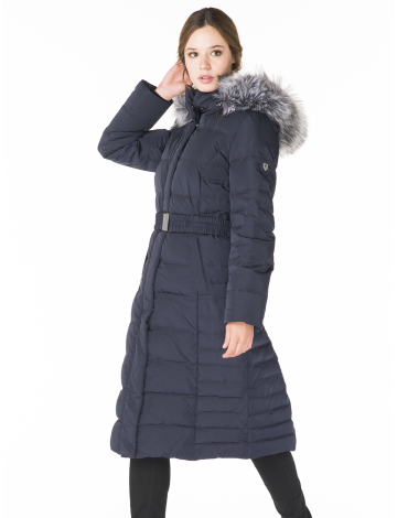 Polyluxe downfill coat with faux fur hood trim