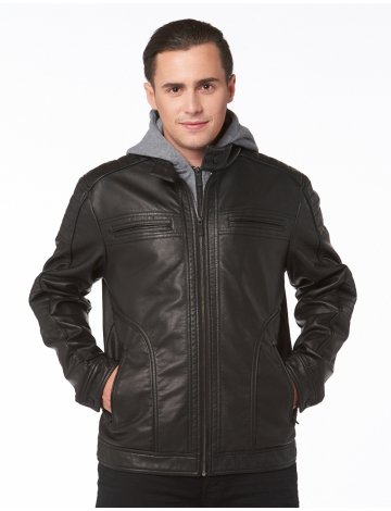 Faux leather hooded moto jacket for men by Point Zero