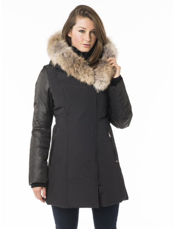 ¾ length asymmetric A-line coat with genuine fur trim by SICILY