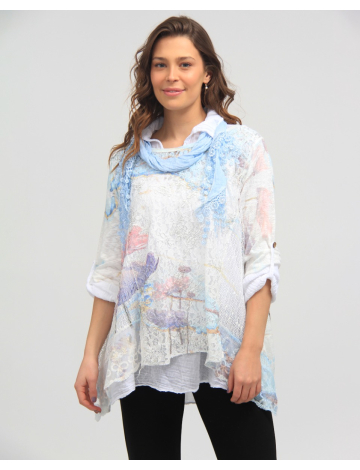 Three-Quarter Sleeve Floral Print Shirt with Scarf by Froccella