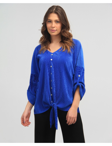 Pleated V Neck Button-Down Blouse with Front Tie by Froccella