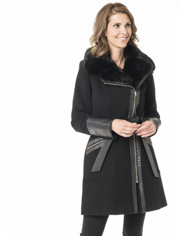 Chic wool coat with faux leather pieces by Via Spiga